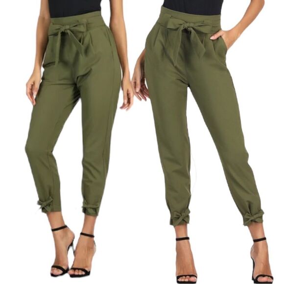 Grace Karin High Waist Belted Bow Tie Paper Bag Tie Ankle Pants - Picture 1 of 16